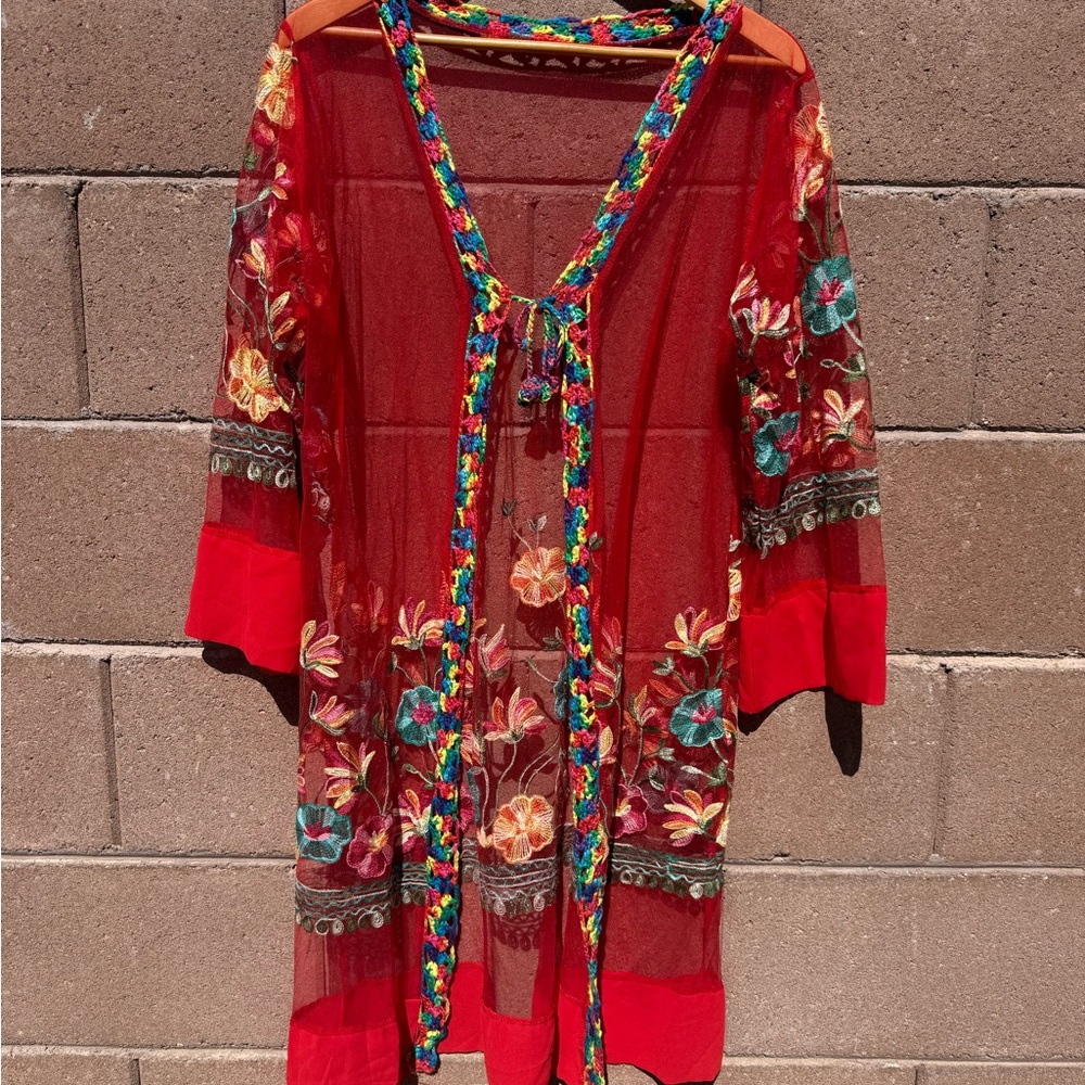 Red Sheer Embroidered Floral Kimono| Boho, Festival, hippie style| Beach Cover